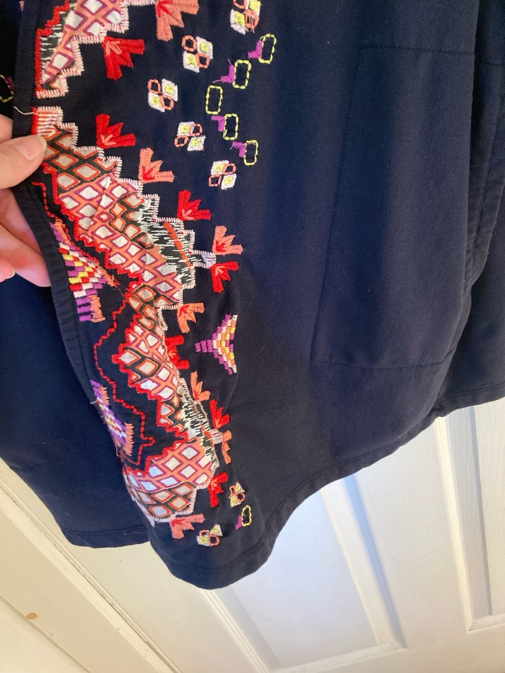 Lucky Brand Navy Cardigan with Multicolor Geometric Embroidery - Picture 8 of 11